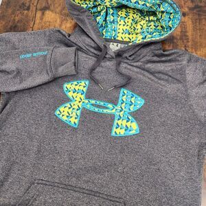 Under Armour Women's Hoodie Heathered Gray Teal‎ Green Front Pocket Size Small